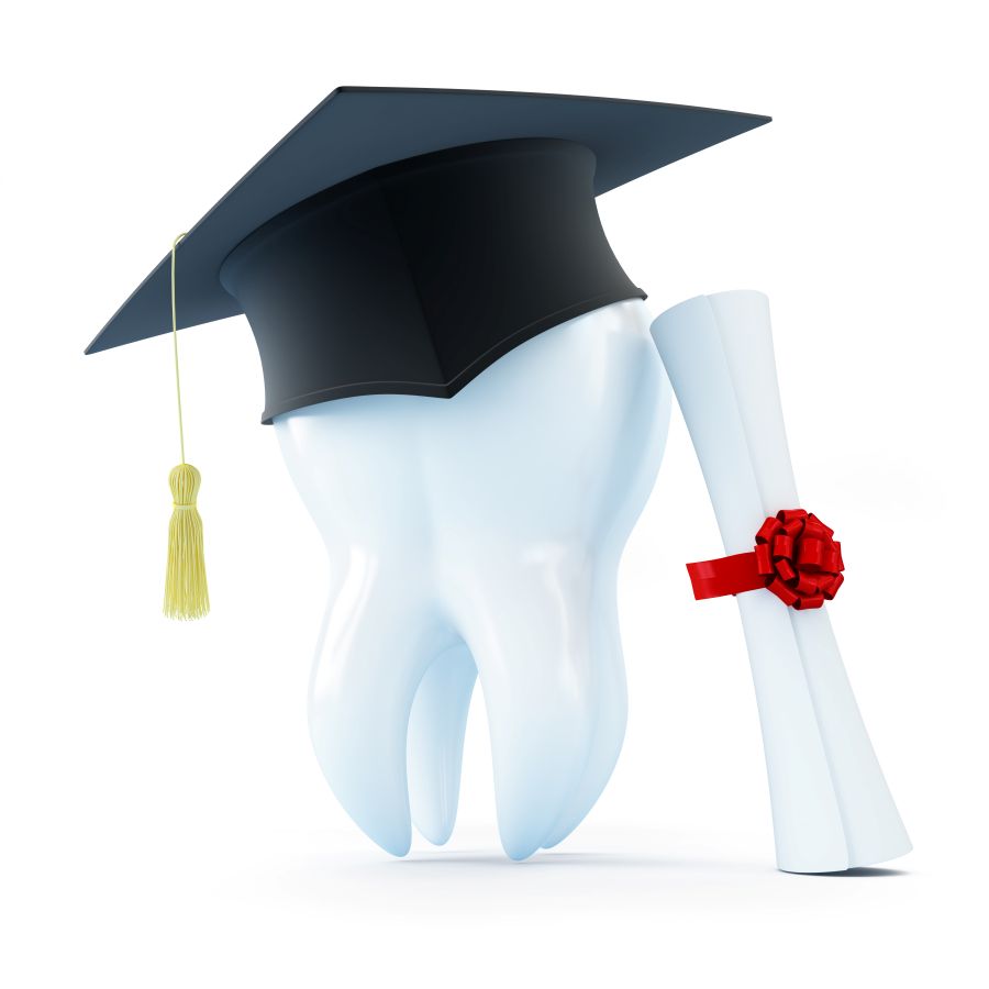 A tooth in a graduation hat